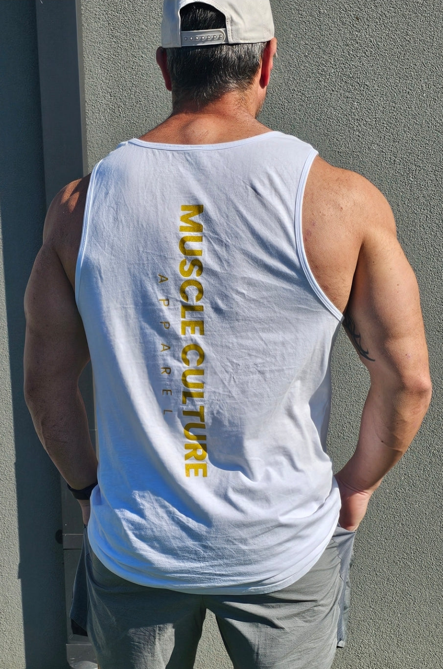 White mens lowdown singlet gold print